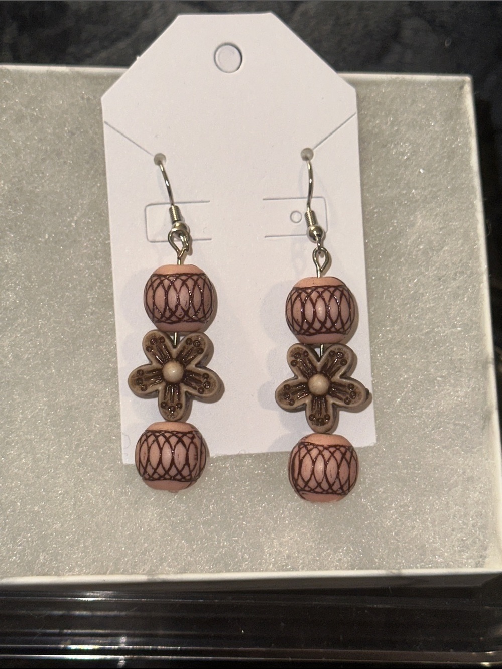 Handcrafted Pink and Brown Flower Drop Earrings